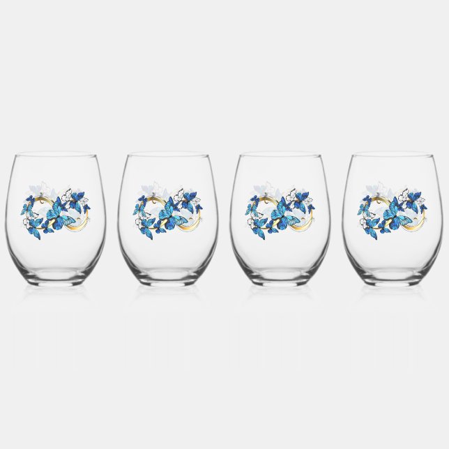Symbol Infinity of Blue Morpho Butterflies Stemless Wine Glass (Front)