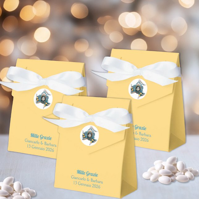 Symbol of Sicily Trinacria Medusa Yellow Sicilian Favor Boxes (Trinacria Symbol of Sicily Yellow Tent Favor Box for Italian Sicilian Weddings)