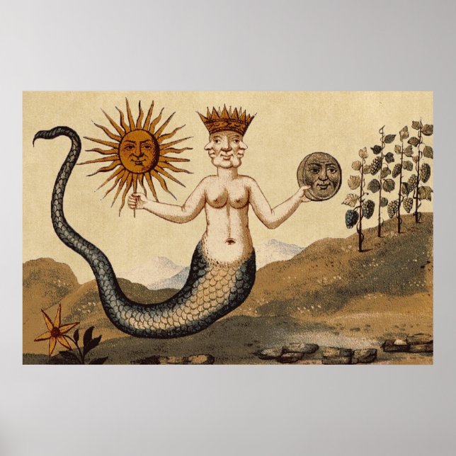 Symbolic Alchemy with Sun and Moon Sepia Poster (Front)