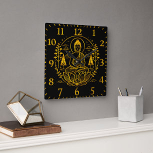 Symbolic Buddha Surrounded by Nature Elements Square Wall Clock