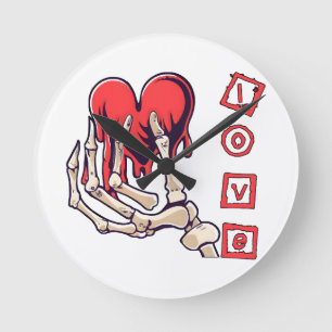 Symbolic Love Skeleton Hand Offering Heart Round Clock