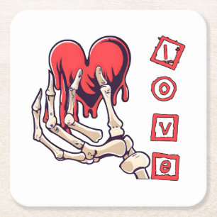 Symbolic Love Skeleton Hand Offering Heart Square Paper Coaster