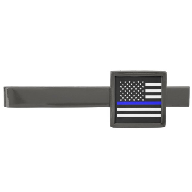 Symbolic Thin Blue Line American Flag graphic on a Gunmetal Finish Tie Bar (Front)