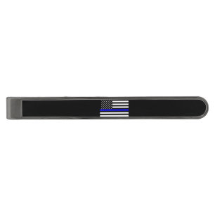 Symbolic Thin Blue Line American Flag graphic on a Gunmetal Finish Tie Bar