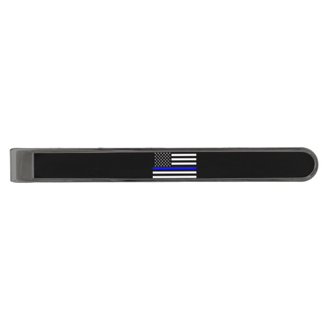 Symbolic Thin Blue Line American Flag graphic on a Gunmetal Finish Tie Bar (Front)