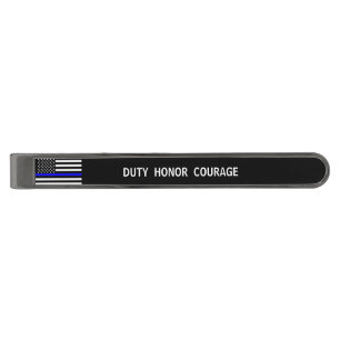 Symbolic Thin Blue Line American Flag text on a Gunmetal Finish Tie Clip