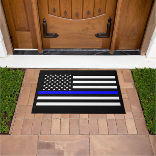 Symbolic Thin Blue Line US Flag graphic design on Doormat