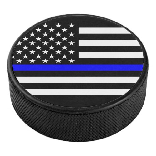 Symbolic Thin Blue Line US Flag graphic design on Hockey Puck