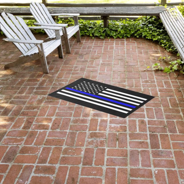 Symbolic Thin Blue Line US Flag graphic design on Outdoor Rug (Insitu (Outdoor 3))