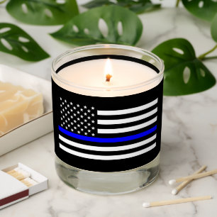 Symbolic Thin Blue Line US Flag graphic design on Scented Candle