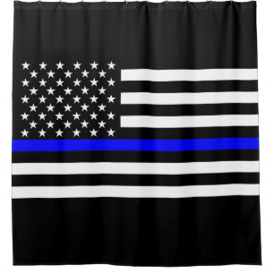 Symbolic Thin Blue Line US Flag graphic design on Shower Curtain
