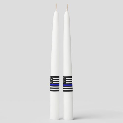 Symbolic Thin Blue Line US Flag graphic design on Taper Candle