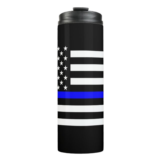 Symbolic Thin Blue Line US Flag graphic design on Thermal Tumbler (Front)