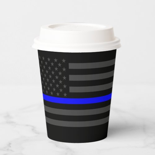 Symbolic Thin Blue Line US Flag graphic on a Paper Cups