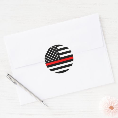 Symbolic Thin Red Line American Flag graphic on a Classic Round Sticker