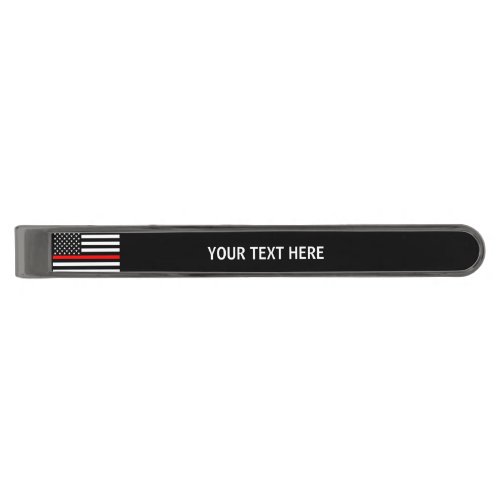 Symbolic Thin Red Line American Flag text on a Gunmetal Finish Tie Clip