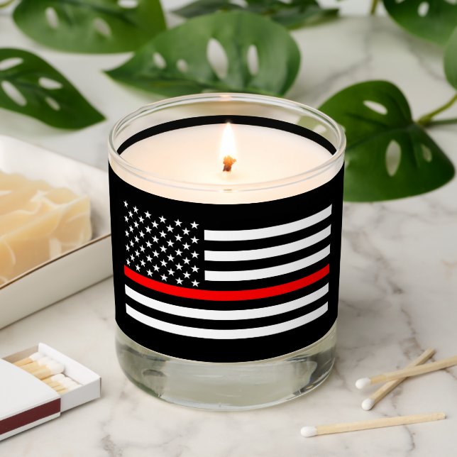 Symbolic Thin Red Line US Flag graphic design on Scented Candle (Lit)