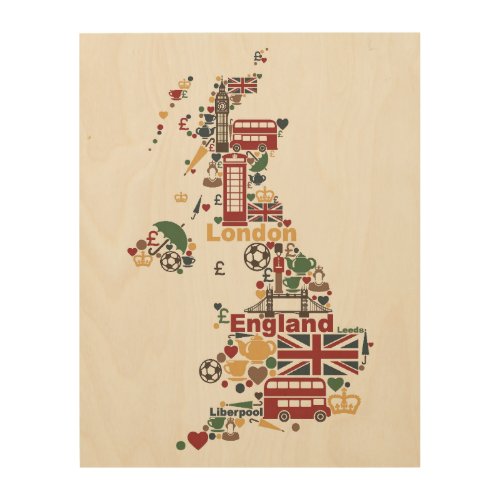 Symbols of England Map Wood Wall Art