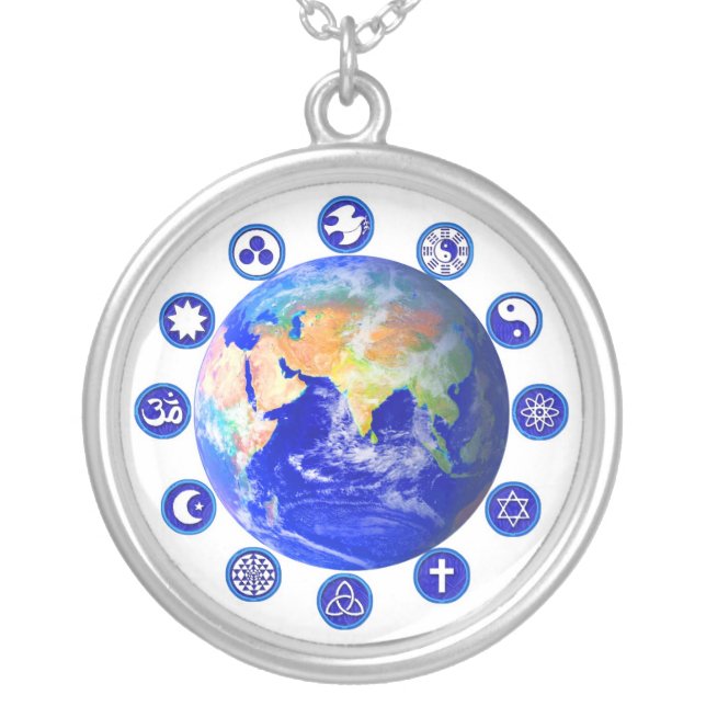 Symbols of Peace & Unity Around the World Silver Plated Necklace (Front)