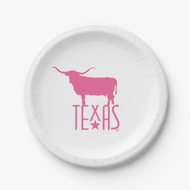 Symbols of Texas, Longhorn, pink Paper Plates (Front)