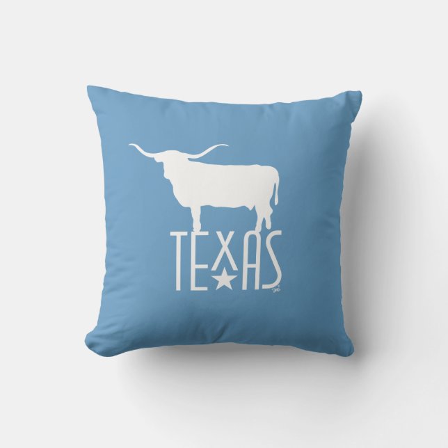 Symbols of Texas, Longhorn white, blue background Throw Pillow (Front)