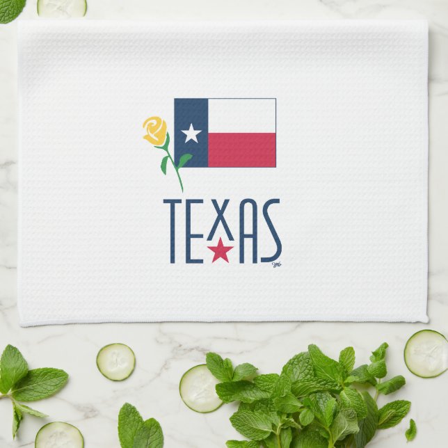 Symbols of Texas, Texas Flag and Yellow Rose Glass Kitchen Towel (Folded)
