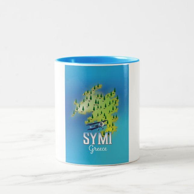 Symi Island Map Greece travel poster. Two-Tone Coffee Mug (Center)