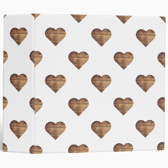 Symmetric Large Rustic Brown Wooden Hearts 3 Ring Binder (Front/Spine)