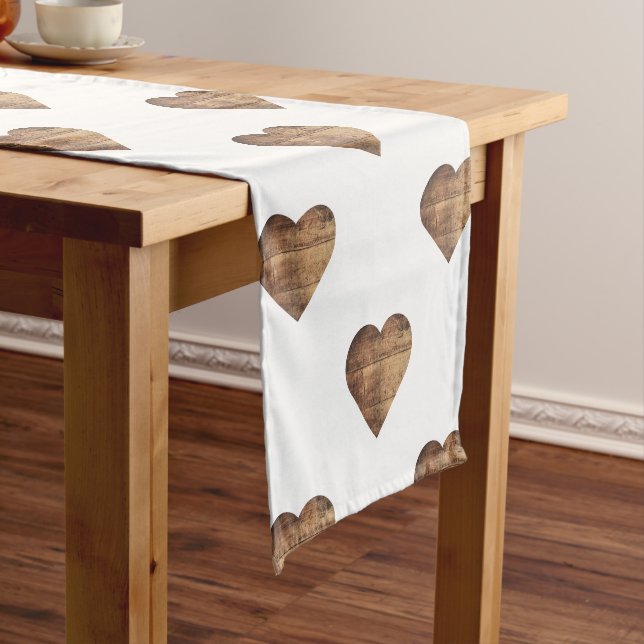 Symmetric Large Rustic Brown Wooden Hearts Short Table Runner (In Situ)