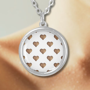 Symmetric Large Rustic Brown Wooden Hearts Silver Plated Necklace
