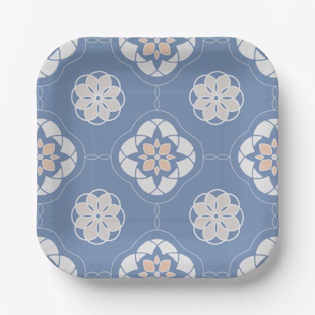 Symmetric Orange Flower Pattern on Blue Paper Plates (Front)
