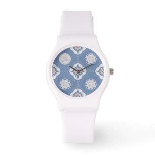 Symmetric Orange Flower Tiled Pattern on Blue Watch