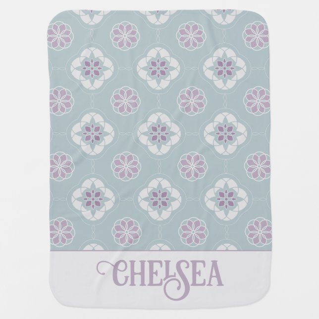 Symmetric Pink Flower Tiled Pattern on Sage Baby Blanket (Front)