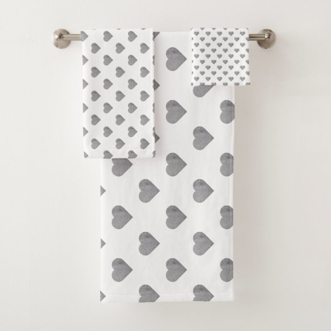 Symmetric Small Concrete Gray Hearts on White  Bath Towel Set (Insitu)