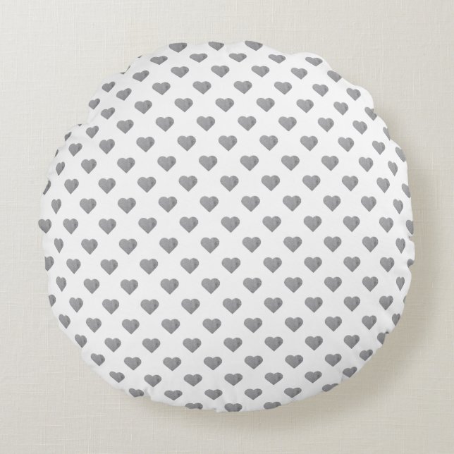 Symmetric Small Concrete Gray Hearts on White  Round Pillow (Front)