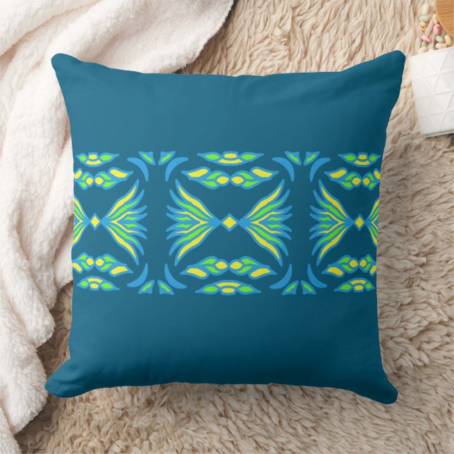 Symmetric Vibrant Folk Art on Deep Teal Background Throw Pillow (Blanket)