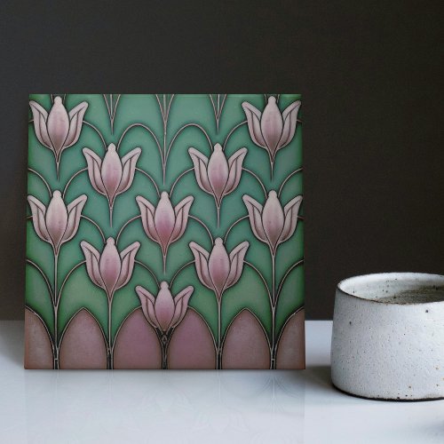 Symmetric Violet Purple Blue Tulips Wall Decor Ceramic Tile
