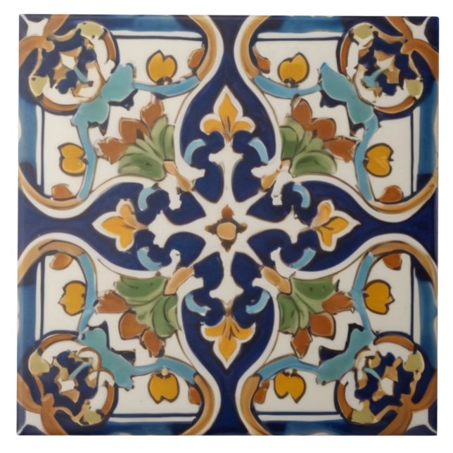 Symmetrical Abstract Cross in Navy Blue & Yellow Ceramic Tile (Front)