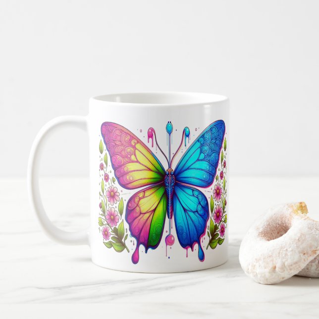 Symmetrical Beauty: Pink and Blue Butterfly with  Coffee Mug (With Donut)