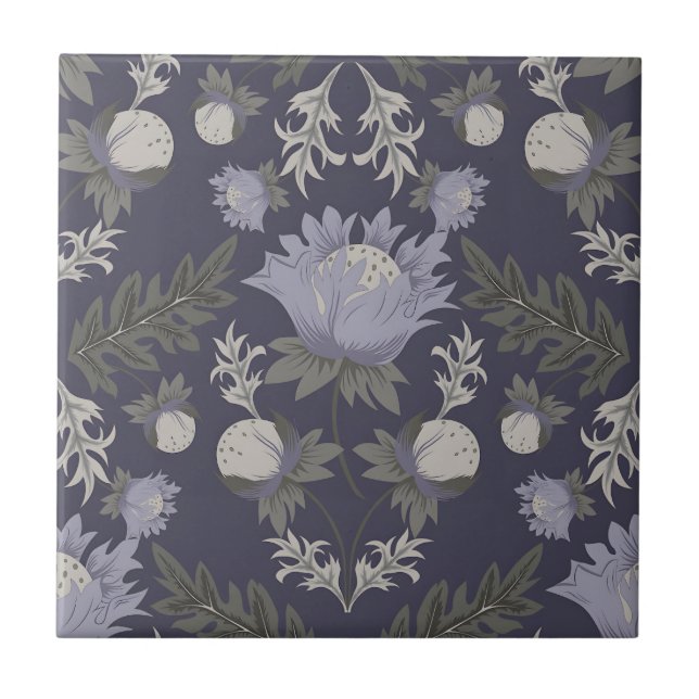 Symmetrical dark purple floral pattern ceramic tile (Front)