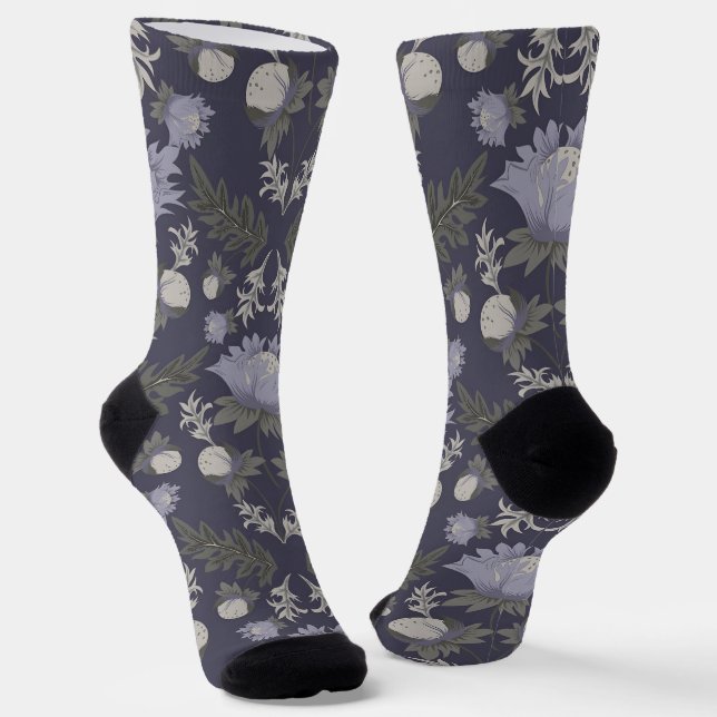 Symmetrical dark purple floral pattern socks (Angled)