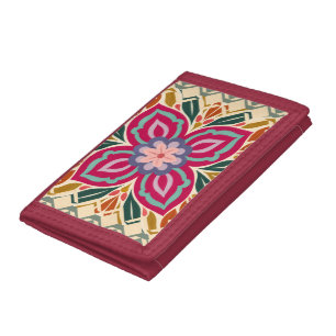 Symmetrical Folk-Art Floral Medallion Tri-fold Wallet