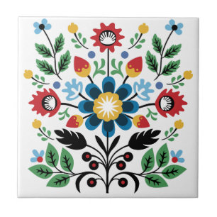 Symmetrical Folk Art Flower Bouquet Ceramic Tile