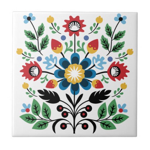 Symmetrical Folk Art Flower Bouquet Ceramic Tile