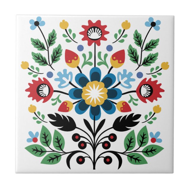 Symmetrical Folk Art Flower Bouquet Ceramic Tile (Front)