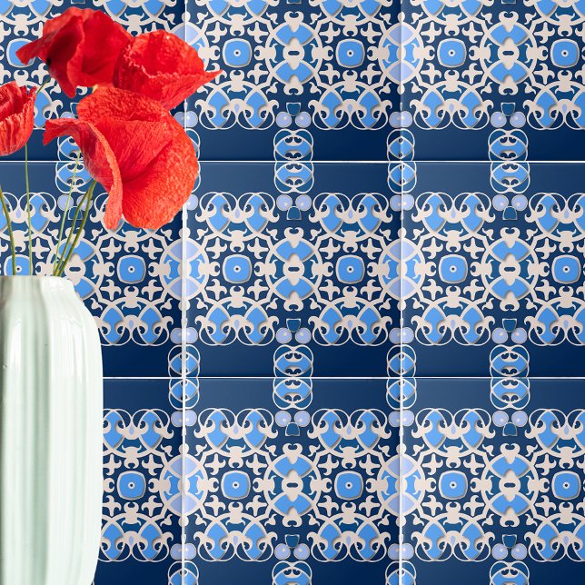 Symmetrical Geometric Blue And White Ornate Ceramic Tile (Creator Uploaded)