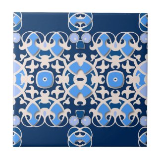 Symmetrical Geometric Blue And White Ornate Ceramic Tile