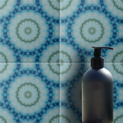 Symmetrical Geometric Soft Blue and Indigo Pattern Ceramic Tile