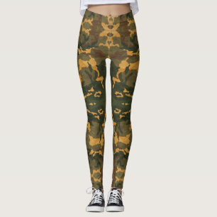 Symmetrical Grunged Green Tan Olive Camouflage Leggings