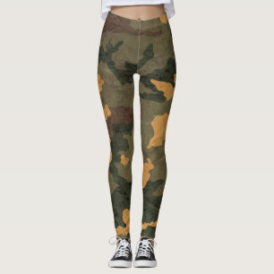 Symmetrical Grunged Green Tan Olive Camouflage Leggings